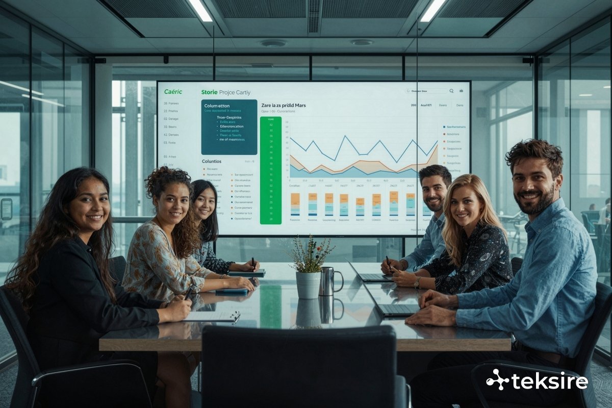 Project management software interface displaying interactive sprint boards, task assignments, and ti